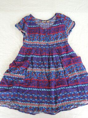 Mudd Summer Dress Blue w/ Red Turquoise Floral 2 Pockets Short Sleeve Sz 7